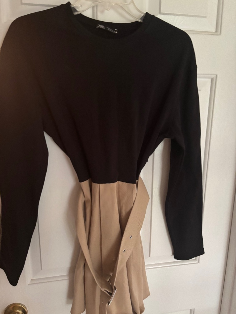 Zara Black & Tan Belted Long Sleeve Dress Size M